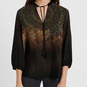 Desigual Womens Medium 3/4 Sleeve Printed Tassel Blouse Top